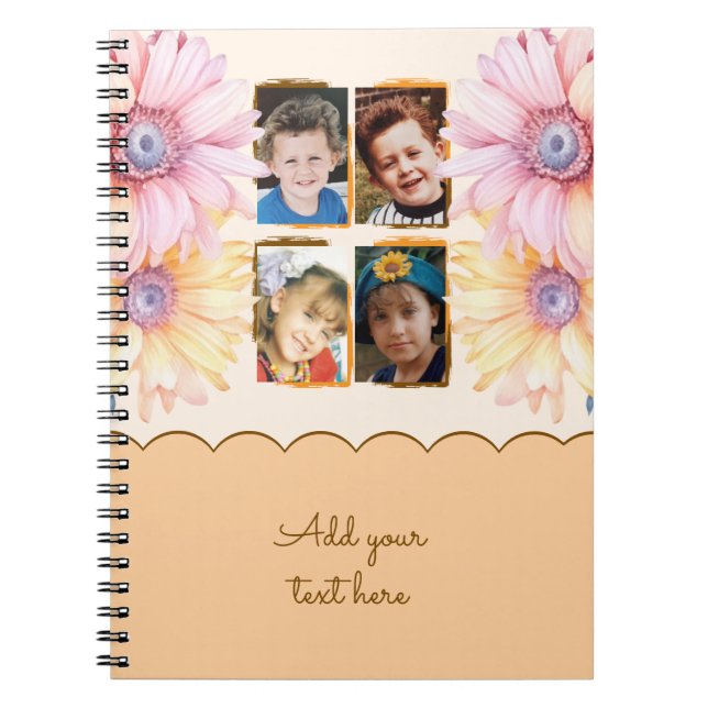 Caderno Espiral 4 flores de texto laranja marrom (Frente)