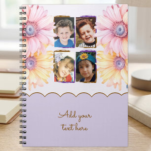 Caderno Espiral 4 flores de texto roxo marrom