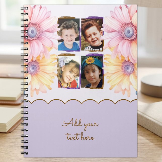 Caderno Espiral 4 fotos flores texto roxo marrom (Criador carregado)