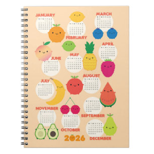 Caderno Espiral 5 A Dia do Fruta Kawaii 2026 Calendário