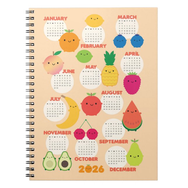 Caderno Espiral 5 A Dia do Fruta Kawaii 2026 Calendário (Frente)