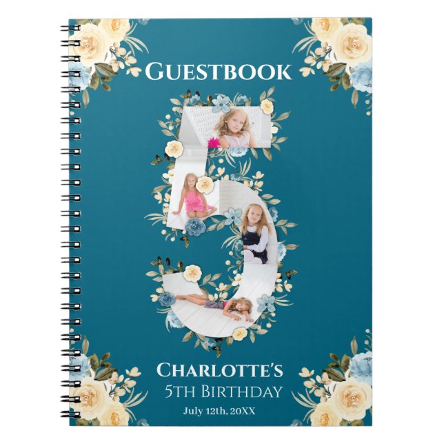 Caderno Espiral 5 Birthday Teal Photo Yellow Flower Guest Book (Frente)