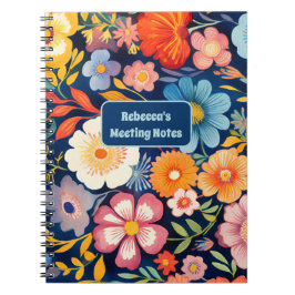 Caderno Espiral 70s 60s Monograma Floral Retro Azul e Laranja