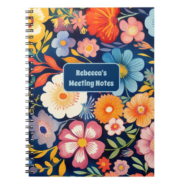 Caderno Espiral 70s 60s Monograma Floral Retro Azul e Laranja (Frente)