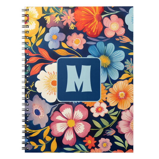 Caderno Espiral 70s 60s Monograma Floral Retro Azul e Laranja (Frente)
