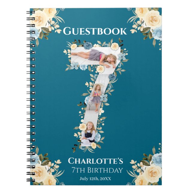 Caderno Espiral 7 Birthday Teal Photo Flower Yellow Guest Book (Frente)