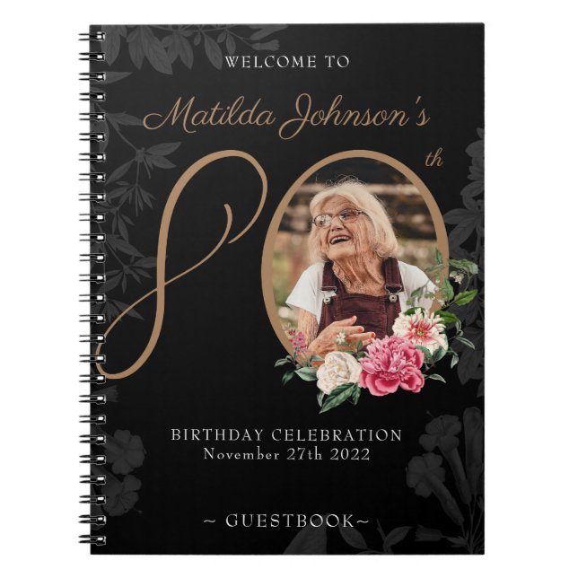 Caderno Espiral 80 Birthday Black Floral Photo Guestbook (Frente)