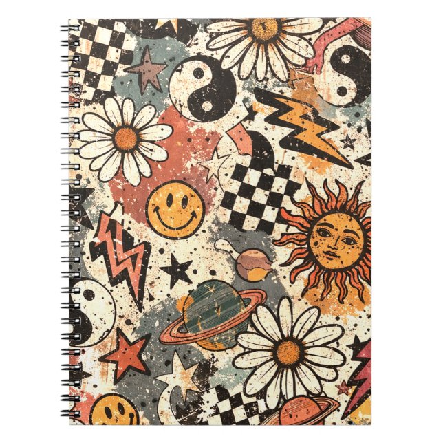 Caderno Espiral 90s Happy Faces Sun Flowers Pattern (Frente)