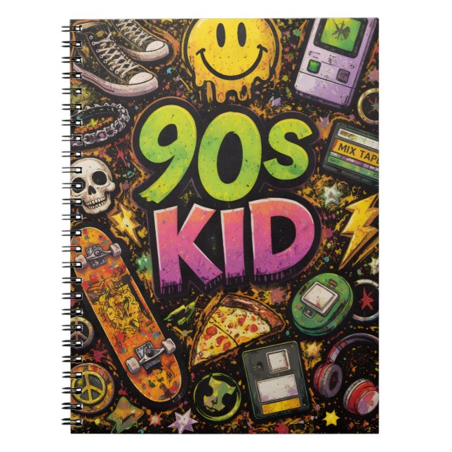 Caderno Espiral 90s Kids Retro Pizza Smiley Face Flower Design (Frente)