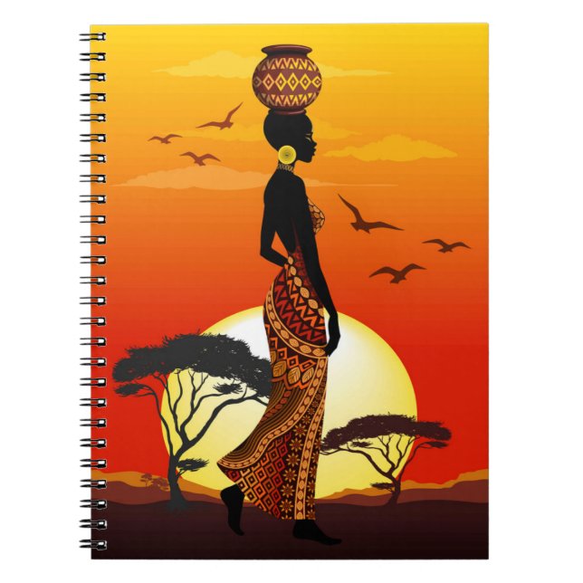 Caderno Espiral A linda mulher africana Silhouette sobre os sóis a (Frente)
