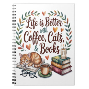 Caderno Espiral A Vida é Melhor com Café Gatos Livros