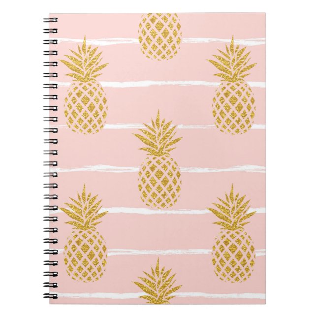 Caderno Espiral Abacaxi Dourado, fundo de verão em Striped. (Frente)