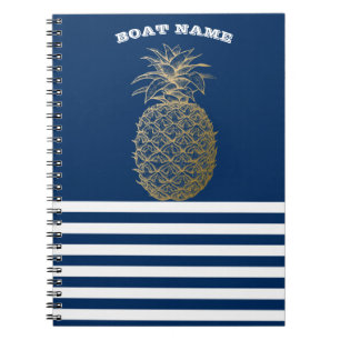 Caderno Espiral Abacaxi Dourado Náutico Listras Azuis Marinho