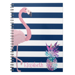 Caderno Espiral Abacaxi, Flamingo Marinho Azul Stripes Personaliza