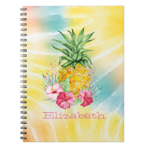 Caderno Espiral Abacaxi,Hibiscus Aquarela Arco-Íris Tie Tye