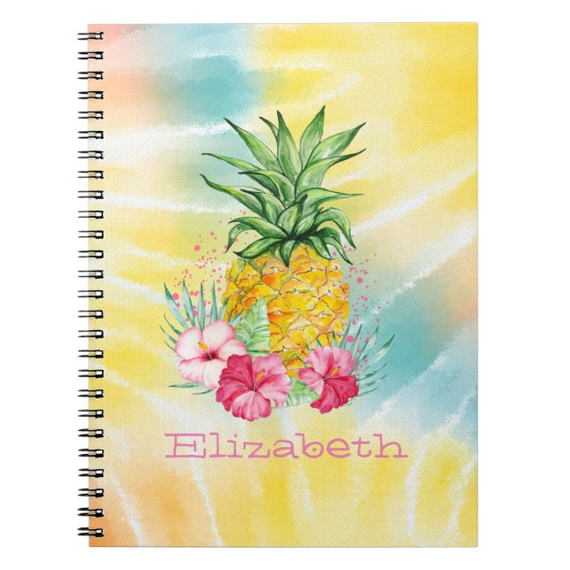 Caderno Espiral Abacaxi,Hibiscus Aquarela Arco-Íris Tie Tye (Frente)