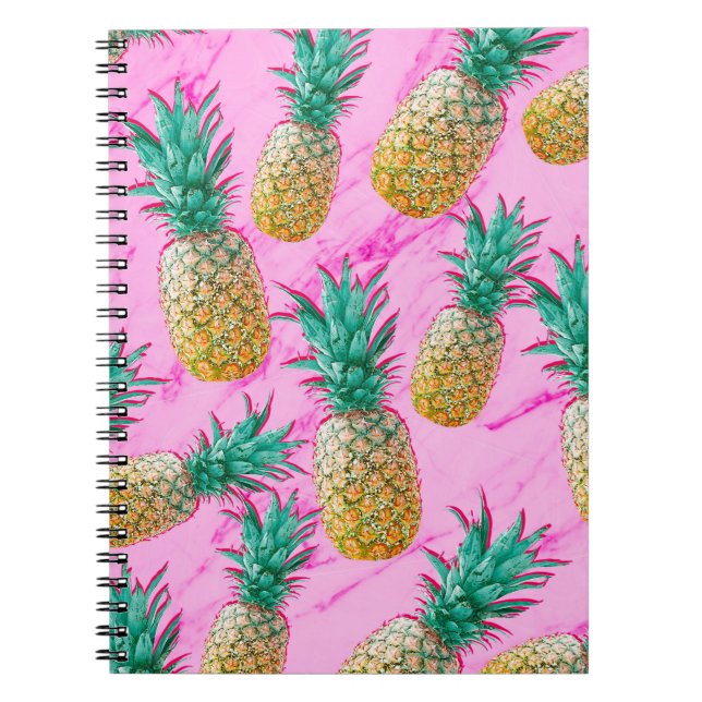 Caderno Espiral Abacaxis Tropicais & Mármore Rosa Moderno Colorido (Frente)