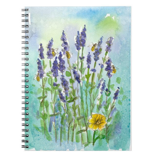 Caderno Espiral Abelhas Lavanda Flores de Aquarelas Azul Teal (Frente)