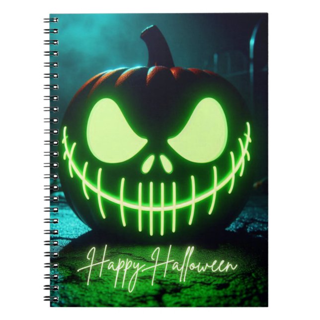 Caderno Espiral Abóbora de Halloween verde-assustadora (Frente)