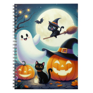 Caderno Espiral Abóbora, gata e fantasma do Halloween