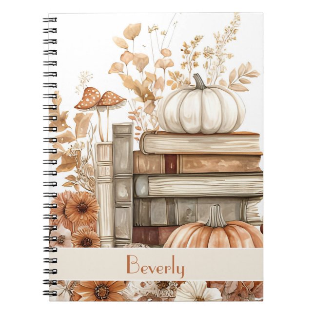 Caderno Espiral Abóbora Personalizada, Livros e Flores Caem (Frente)