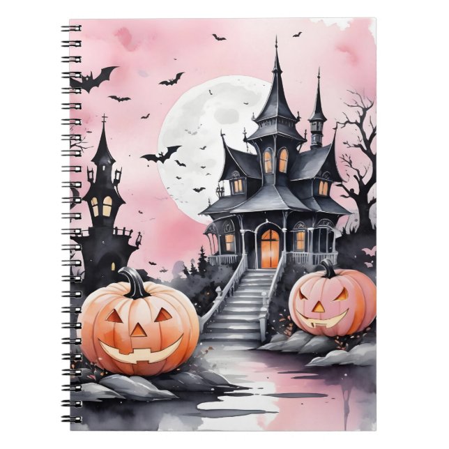 Caderno Espiral Abóbora Rosa Caprichosa de Halloween e Mansão Assu (Frente)