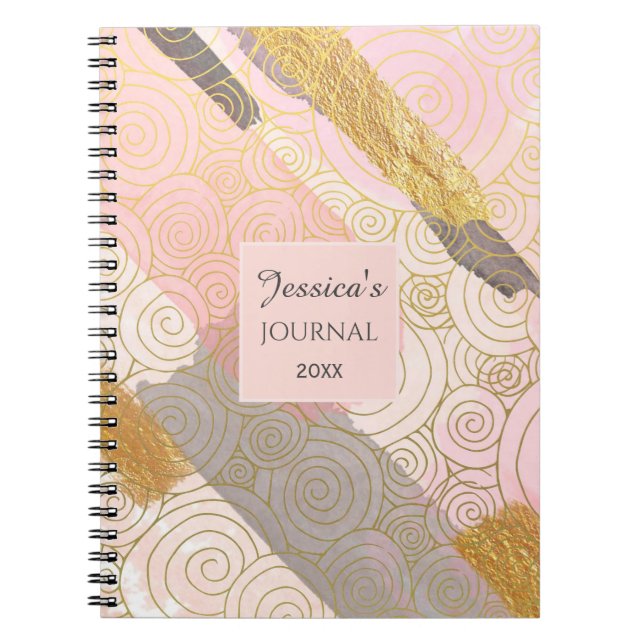 Caderno Espiral Abstract Gold Stripes and Pink Swirls Personalised (Frente)