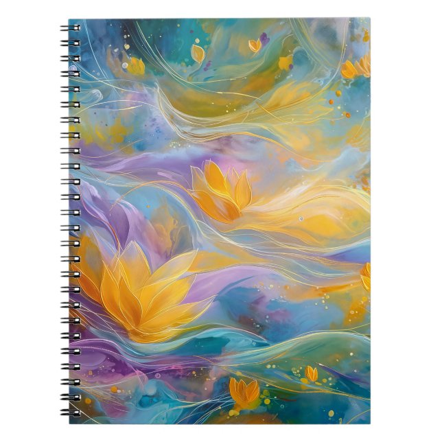 Caderno Espiral Abstract Golden Lotus Floating Flowers  (Frente)