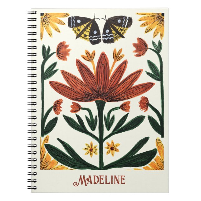 Caderno Espiral Abstract Symmetrical Flowers and Moths (Frente)