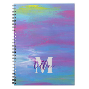 Caderno Espiral Abstrato Azul, verde, roxo, branco monograma