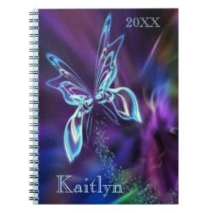 Caderno Espiral Abstrato Borboleta Neon Blue Purple Colorida