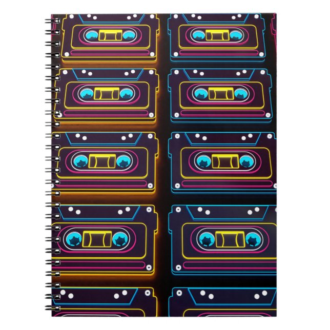 Caderno Espiral Abstrato cassete cassete neon retro música de fund (Frente)