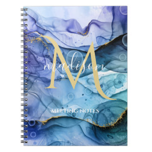 Caderno Espiral Abstrato de álcool líquido azul e Dourado monogr