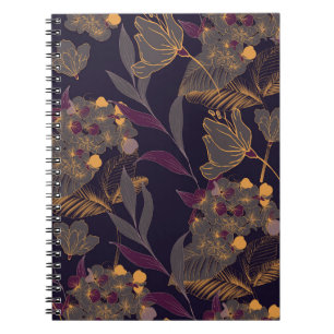 Caderno Espiral Abstrato de flores e folhas sobre um ouro