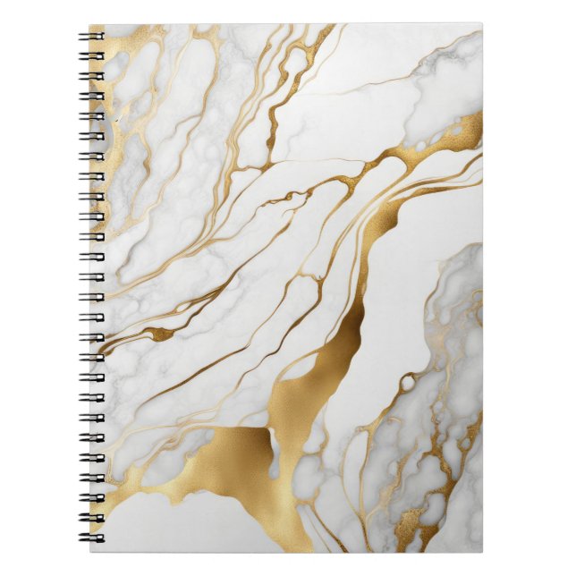 Caderno Espiral Abstrato de mármore branco e Dourado (Frente)