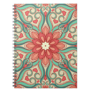 Caderno Espiral abstrato floral com corações em gradação clara