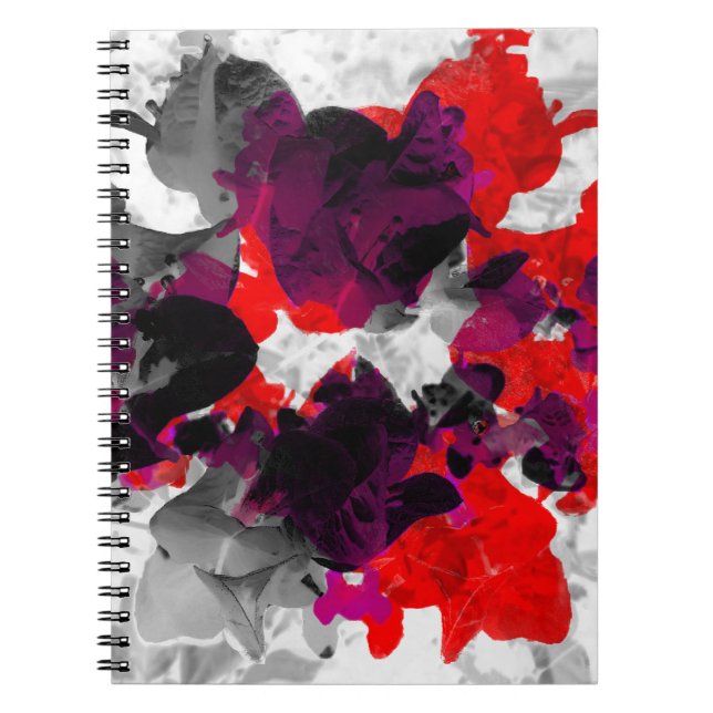 Caderno Espiral Abstrato floral - vermelho e roxo sobre branco (Frente)