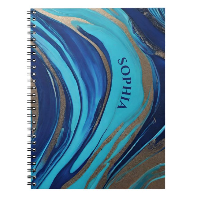 Caderno Espiral Abstrato Flow Art-Blue e Dourado- (Frente)