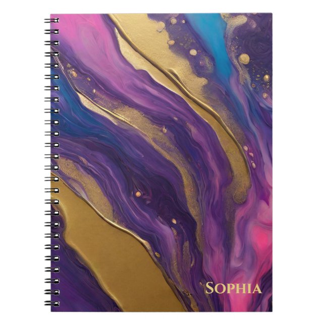 Caderno Espiral Abstrato- Fluxo de Arte - Azul, Púrpura, rosa e Do (Frente)