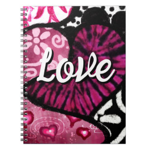 Caderno Espiral Abstrato Love Heart Pink Floral Bolinhas Pretas