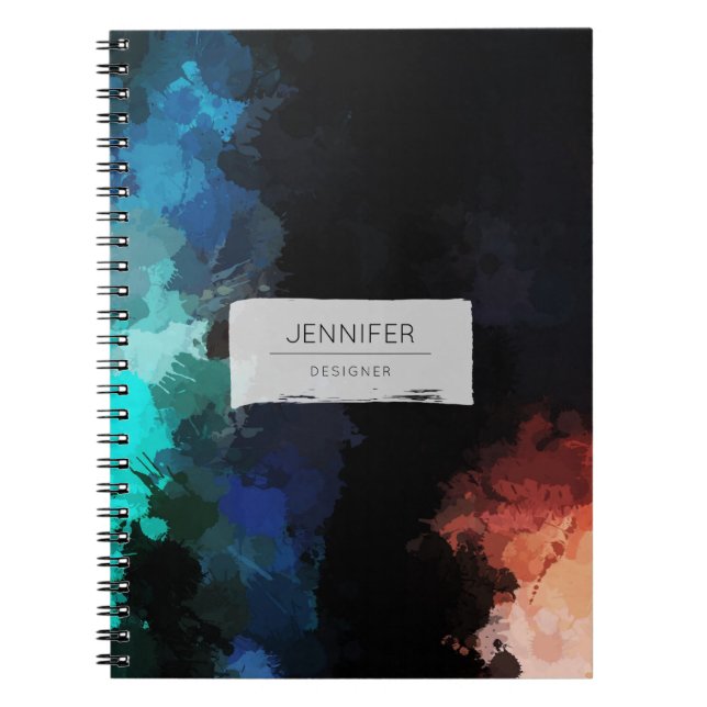 Caderno Espiral Abstrato moderno - Espalhos Pretos - Laranja Azul (Frente)