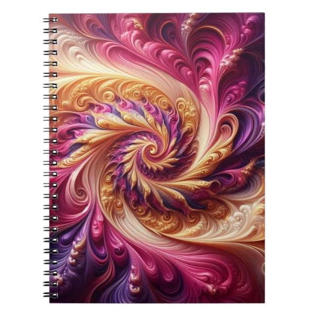 Caderno Espiral Abstrato Moderno Rodando Rosa, Dourado e Roxo (Frente)