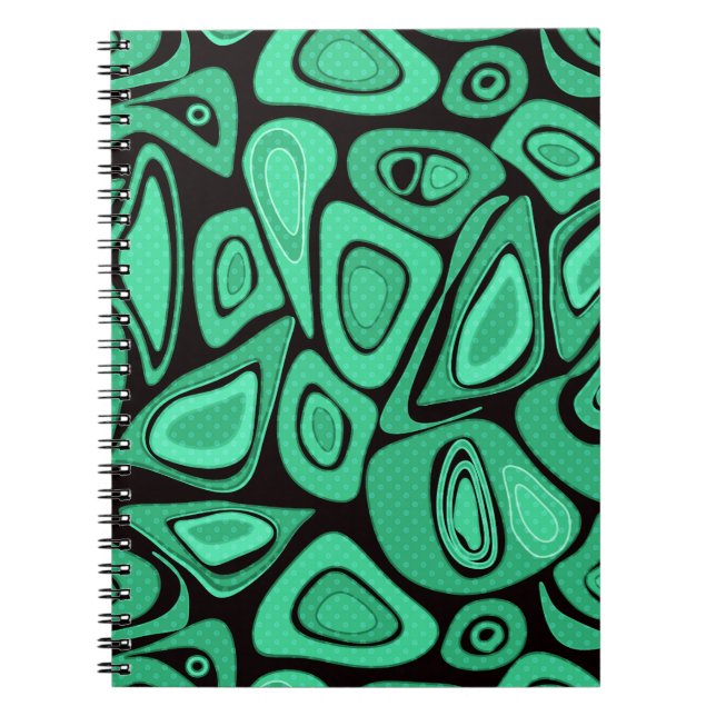 Caderno Espiral Abstrato, preto, verde, retrô (Frente)