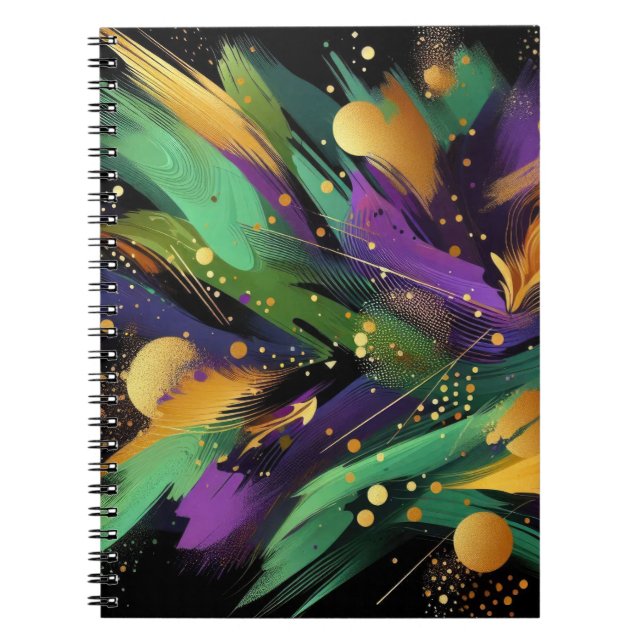 CADERNO ESPIRAL ABSTRATO PURPLE GREEN DOURADO MARDI ESLASHSHES (Frente)