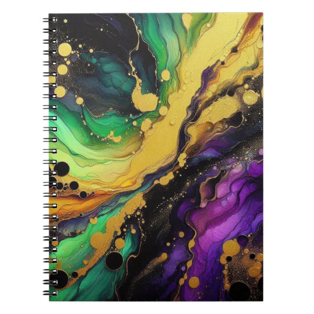 CADERNO ESPIRAL ABSTRATO PURPLE GREEN DOURADO MARDI ESLASHSHES (Frente)