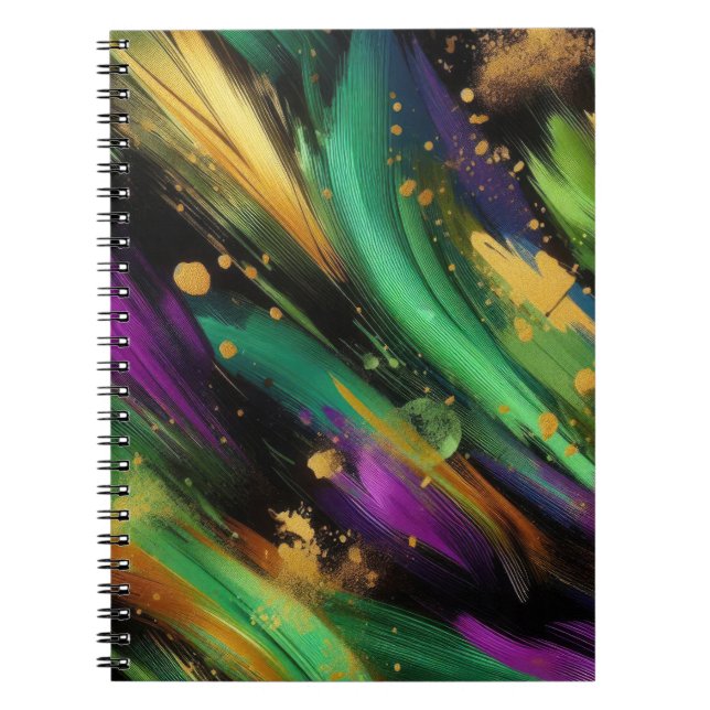 CADERNO ESPIRAL ABSTRATO PURPLE GREEN DOURADO MARDI ESLASHSHES (Frente)