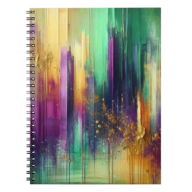 CADERNO ESPIRAL ABSTRATO PURPLE GREEN DOURADO MARDI ESLASHSHES (Frente)