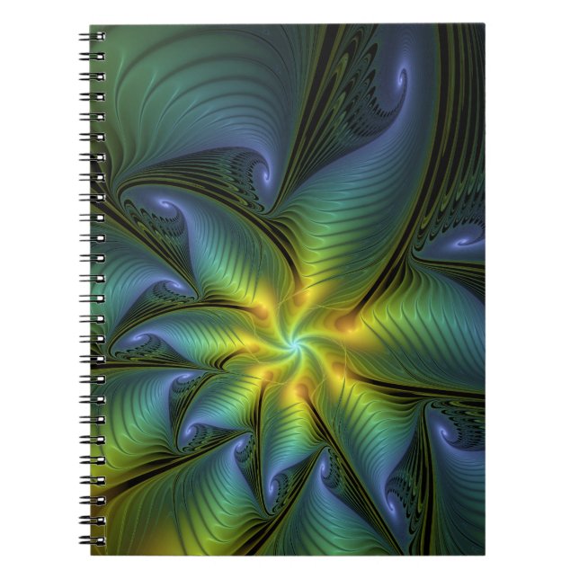 Caderno Espiral Abstrato Star, Ouro Verde brilhante Arte Fractal (Frente)