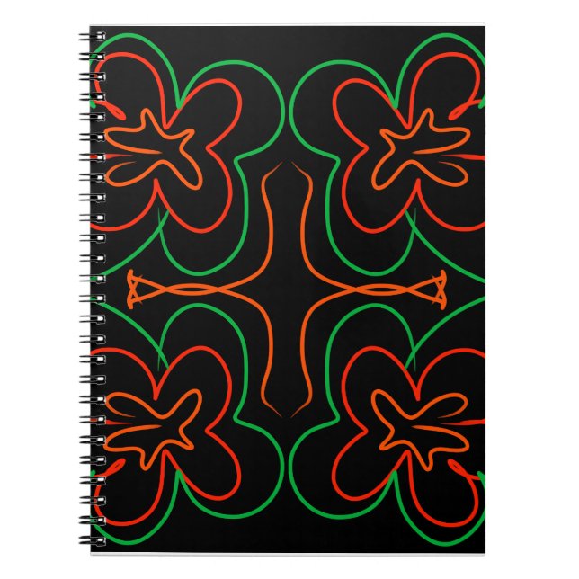 Caderno Espiral Abstrato verde e design de flores laranja (Frente)