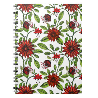 Caderno Espiral abstrato vermelho e folhas verdes em branco